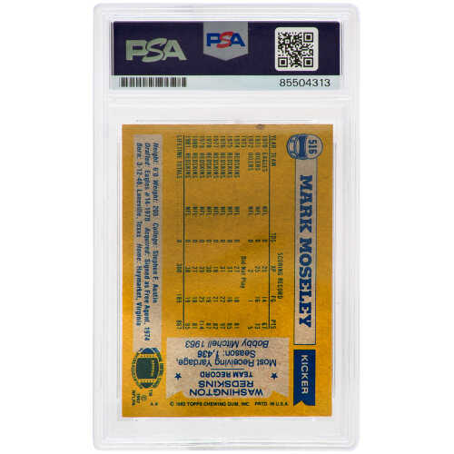 Mark Moseley Signed 1982 Topps Football Trading Card #516 - (PSA Encapsulated) - Image 2