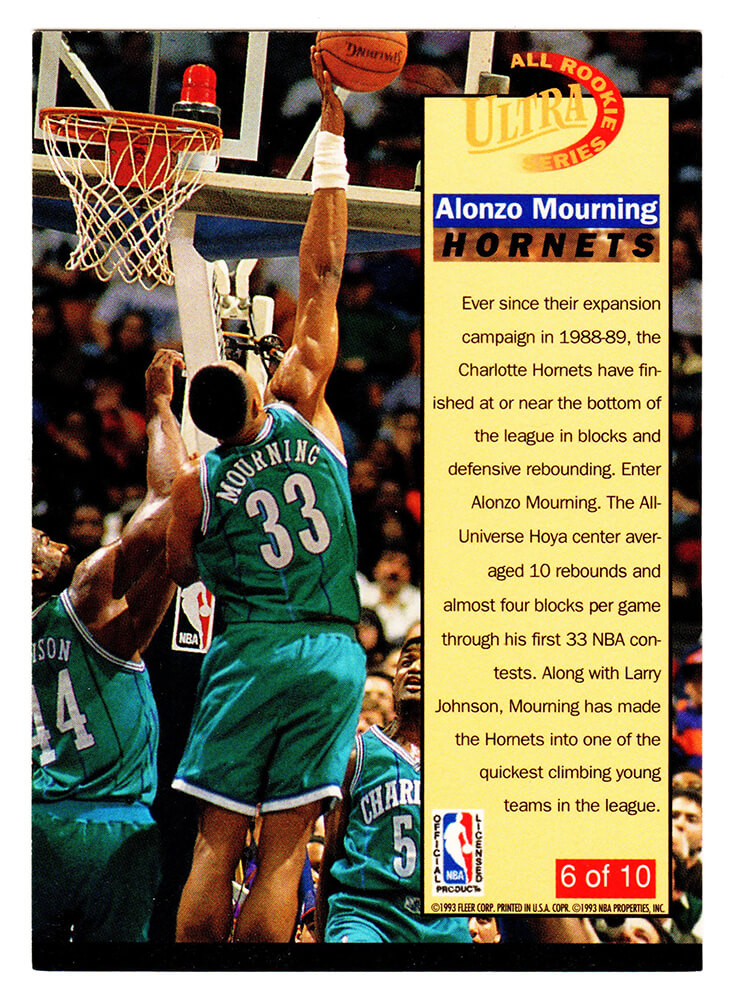Alonzo Mourning Signed Charlotte Hornets 1992-93 Fleer Ultra All Rookie Series Card #6 - Image 2