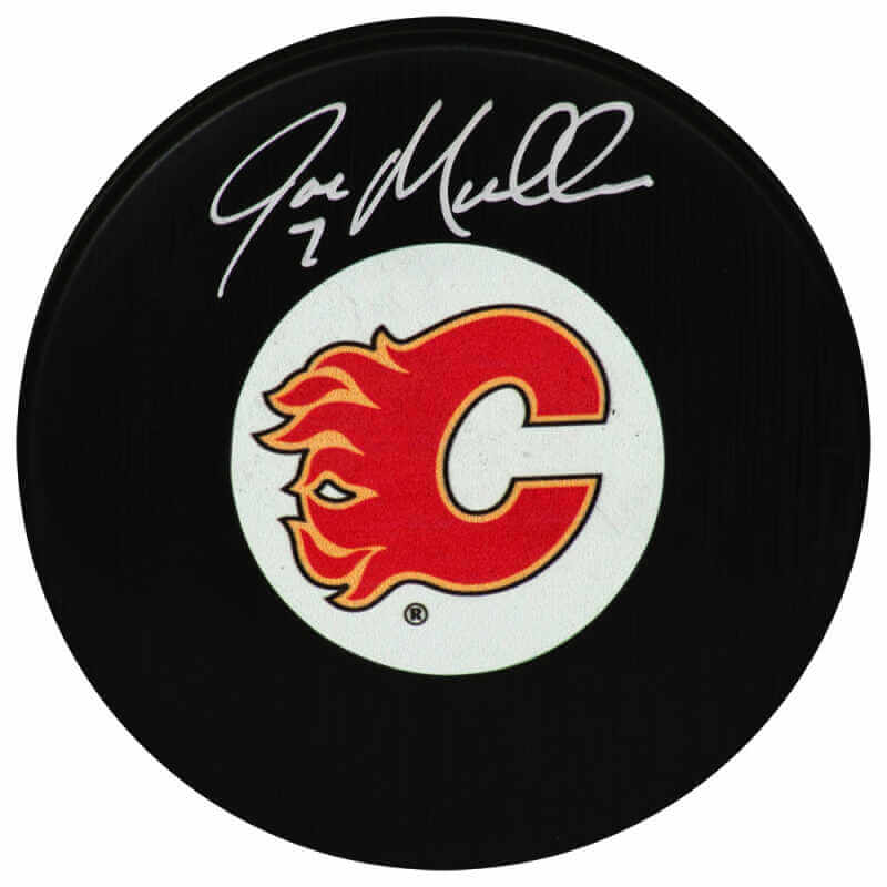 Joe Mullen Signed Calgary Flames Medium Logo Hockey Puck Schwartz