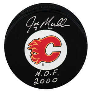 Joe Mullen Signed Calgary Flames Medium Logo Hockey Puck w/HOF 2000 - (In Silver)