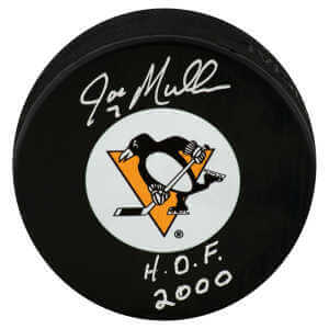Joe Mullen Signed Pittsburgh Penguins Logo Hockey Puck w/HOF 2000