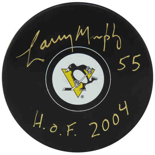 Larry Murphy Signed Penguins Logo Hockey Puck w/HOF 2004 (In Gold)