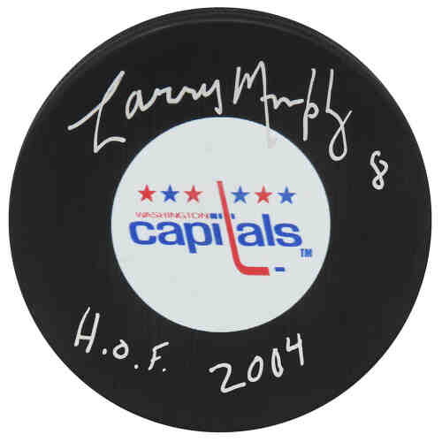 Larry Murphy Signed Washington Capitols Logo Hockey Puck w/HOF 2004