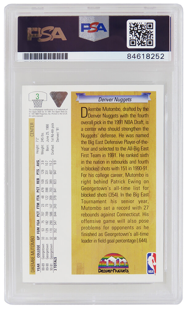 Dikembe Mutombo Signed Denver Nuggets 1991-92 Upper Deck Rookie Card #3 (PSA Encapsulated - Auto Grade 10) - Image 2
