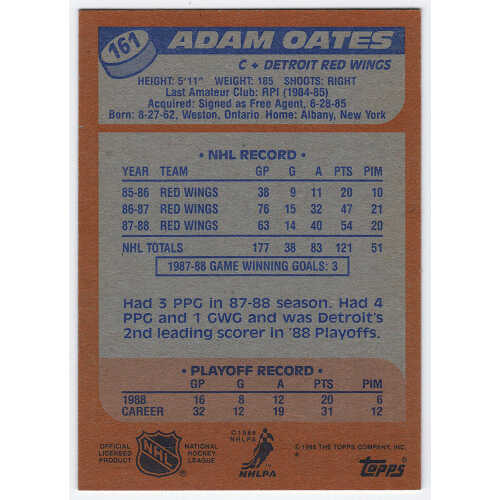 Adam Oates Signed Detroit Red Wings 1988 Topps Hockey Trading Card #161 - Image 2