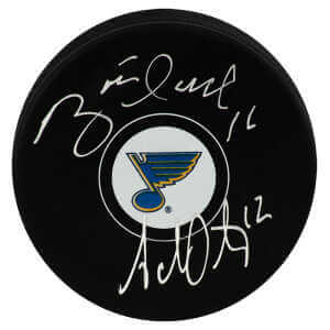 Brett Hull & Adam Oates Dual Signed St. Louis Blues Logo Hockey Puck