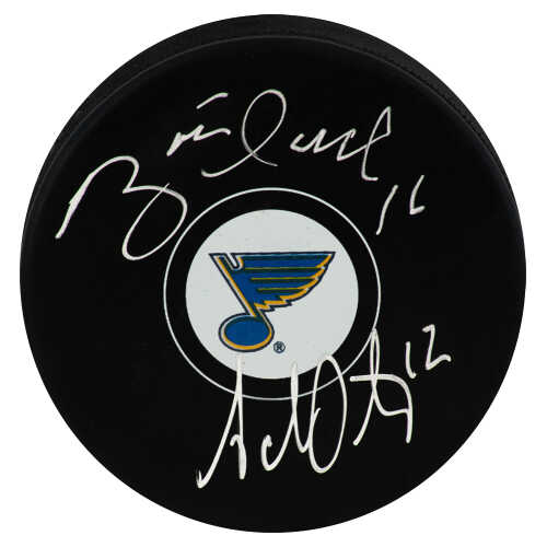 Brett Hull & Adam Oates Dual Signed St. Louis Blues Logo Hockey Puck
