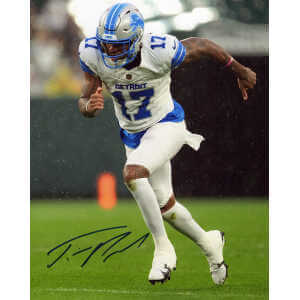 Tim Patrick Signed Detroit Lions White Jersey Action 8×10 Photo