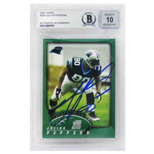 Julius Peppers Signed Carolina Panthers 2002 Topps Football Rookie Card #359 (Beckett Encapsulated/ Auto Grade 10)