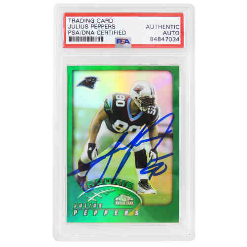 Julius Peppers Signed Carolina Panthers 2002 Topps Chrome Green Refractor Football Rookie Card #214 (PSA Encapsulated)