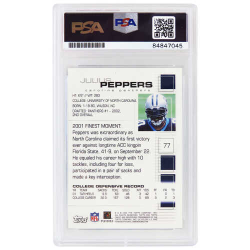 Julius Peppers Signed Carolina Panthers 2002 Topps Finest Football Rookie Card #77 (PSA Encapsulated - Auto Grade 10) - Image 2