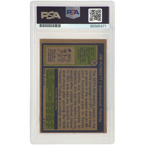 Jim Plunkett Signed Patriots 1972 Topps Rookie Football Card #65 - (PSA Encapsulated) - Image 2