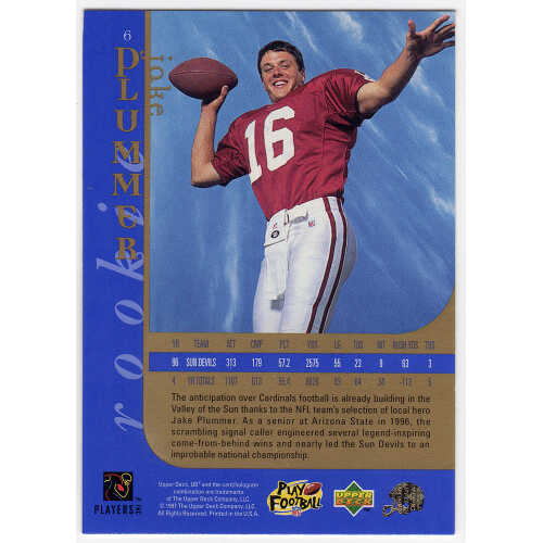 Jake Plummer Signed Arizona Cardinals 1997 Upper Deck Rookie Football Trading Card #6 w/Snake - Image 2