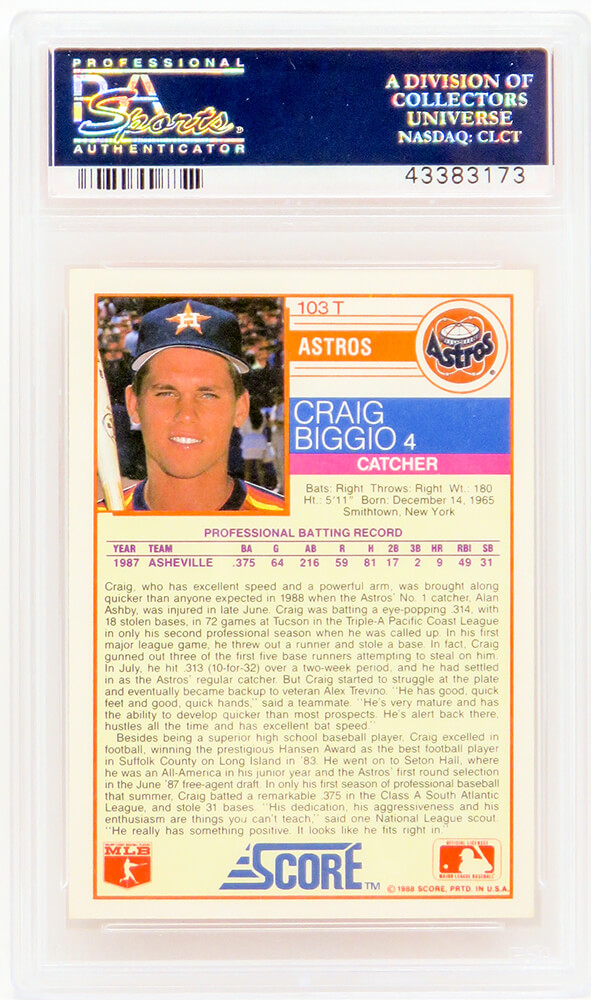 Craig Biggio (Houston Astros) 1988 Score Traded Baseball #103T RC Rookie  Card - PSA 10 GEM MINT