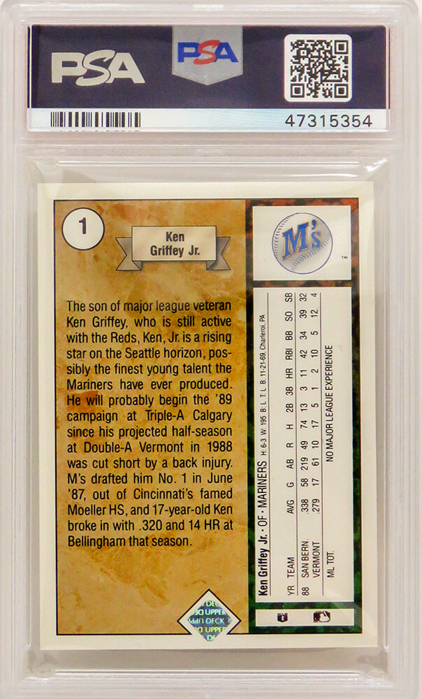 Ken Griffey Jr (Seattle Mariners) 1989 Upper Deck Baseball #1 RC Rookie Card  - PSA 9 MINT (New Label)
