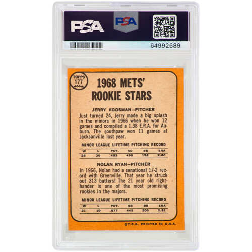 Nolan Ryan / Jerry Koosman (New York Mets) 1968 Topps Baseball #177 RC Rookie Card - (PSA 6 / Auto Grade 10) - Image 2