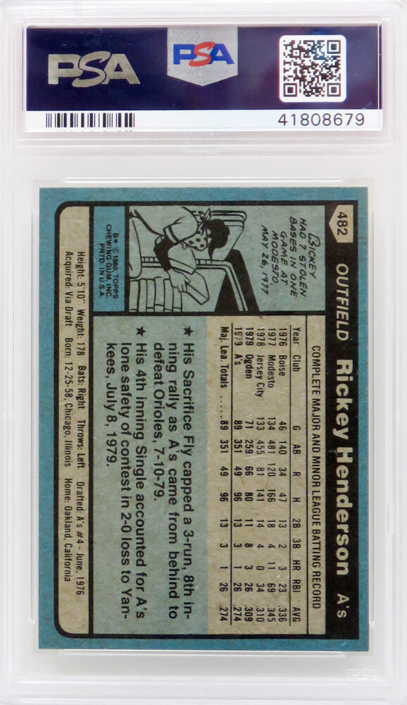 Rickey Henderson 1980 Topps Baseball #482 RC Rookie Card - PSA 9 MINT (A)