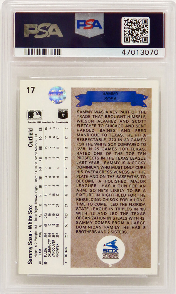 Sammy Sosa (Chicago White Sox) 1990 Upper Deck Baseball #17 RC Rookie Card  – PSA 10 GEM MINT (New Label) – Schwartz Sports Memorabilia