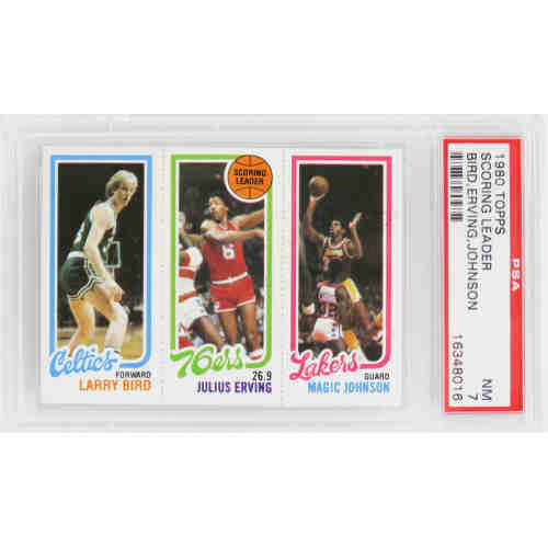 Larry Bird, Magic Johnson & Julius Erving 1980 Topps Scoring Leader RC Card (PSA 7 NM)(B)