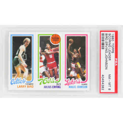 Larry Bird, Magic Johnson & Julius Erving 1980 Topps Scoring Leader RC Card (PSA 8 NM-MT)(E)