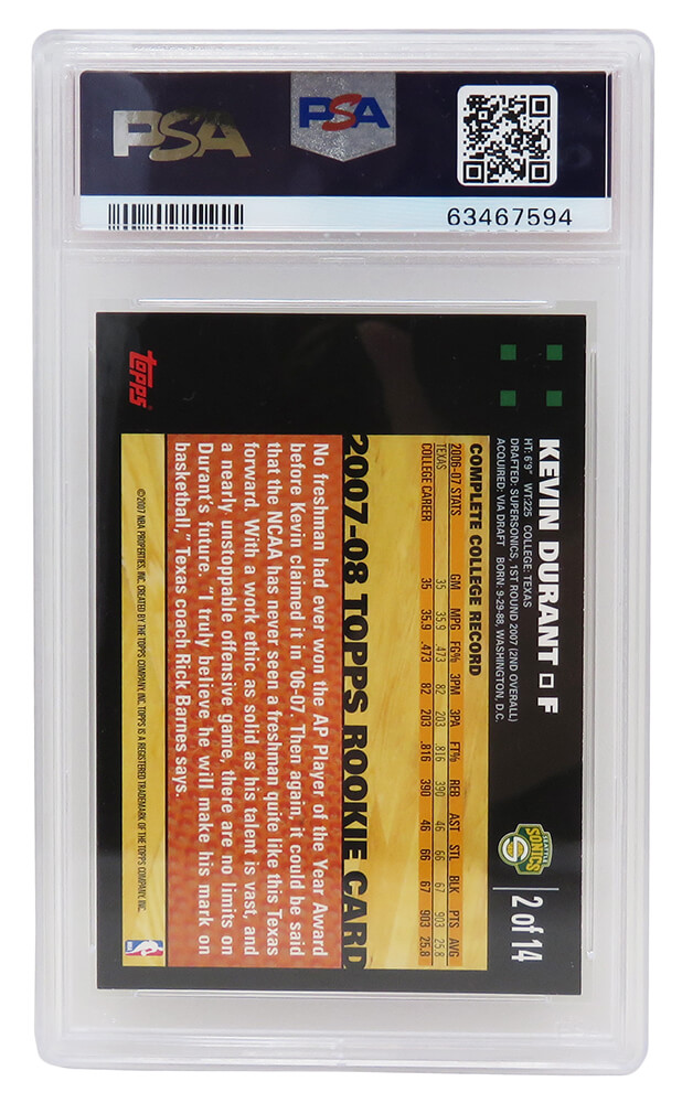  Kevin Durant (Seattle Supersonics) 2007 Topps Basketball #2 RC  Rookie Card - PSA 10 GEM MINT : Collectibles & Fine Art