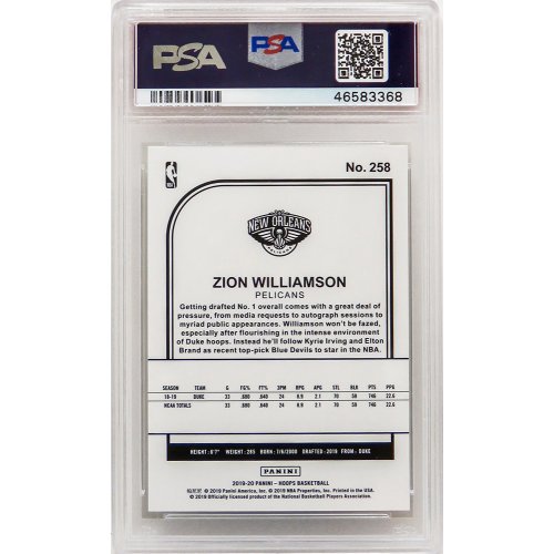 Zion Williamson (New Orleans Pelicans) 2019 Panini Hoops Basketball #258 RC Rookie Card - PSA 10 GEM MINT - Image 2