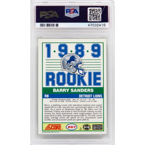 Barry Sanders (Detroit Lions) 1989 Score Football #257 RC Rookie Card - PSA 9 MINT (New Label) - Image 2
