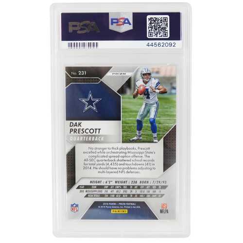 Dak Prescott (Dallas Cowboys) 2016 Panini Prizm Football #231 Prizm RC Rookie Card - PSA 10 GEM MINT (New Label) - Image 2