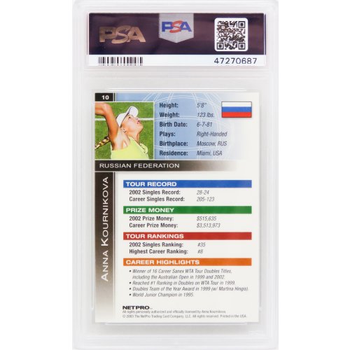 Anna Kournikova 2003 NetPro International Series Tennis RC Rookie Trading Card #10 - PSA 10 GEM MINT (POP 1) - Image 2