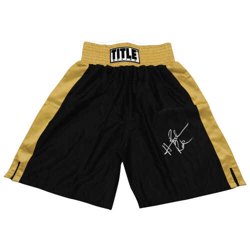 Hasim Rahman Signed Title Black & Gold Boxing Trunks w/Rock