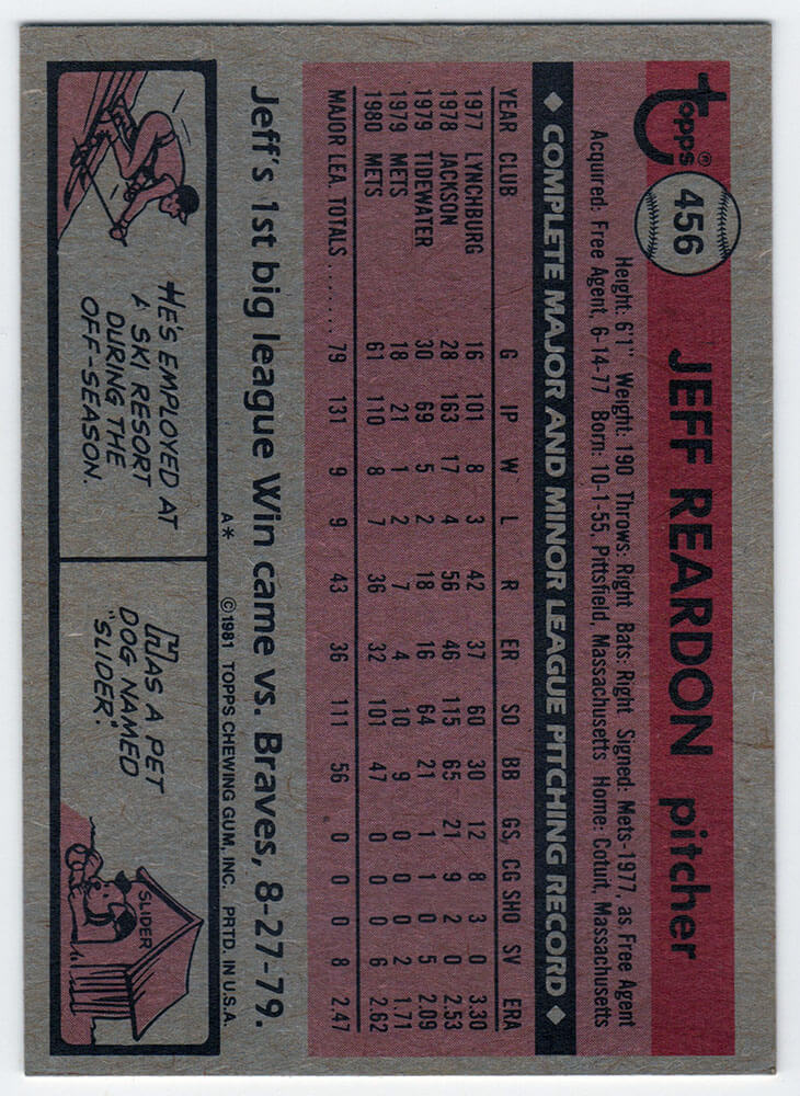 Jeff Reardon Signed New York Mets 1981 Topps Rookie Baseball Trading Card #456 - Image 2