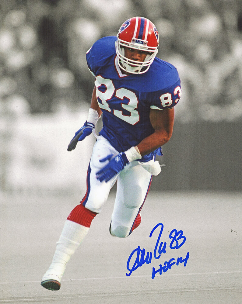 Andre Reed Signed Bills Blue Jersey Running Spotlight 8×10 Photo w