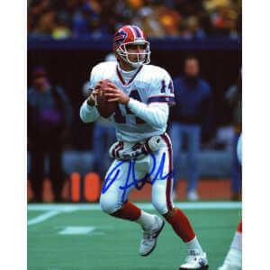 Frank Reich Signed Bills White Jersey Dropback Action 8×10 Photo