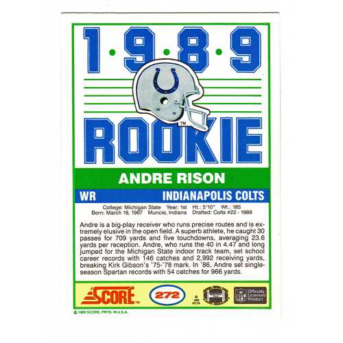 Andre Rison Signed Indianapolis Colts 1989 Score Rookie Card #272 - Image 2