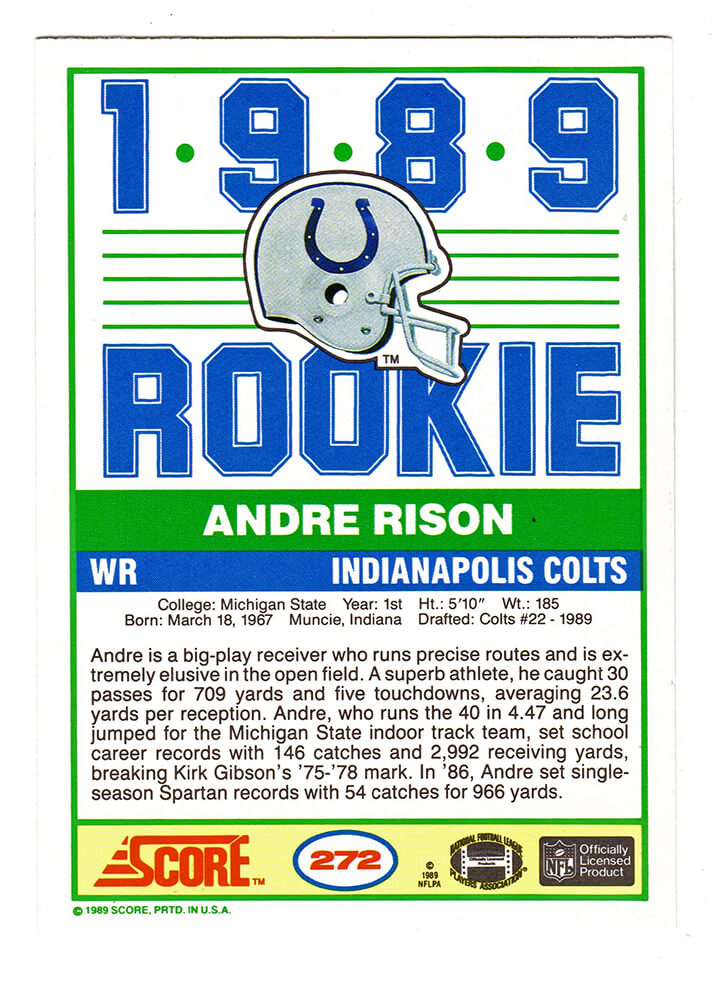 Andre Rison Signed Indianapolis Colts 1989 Score Rookie Card