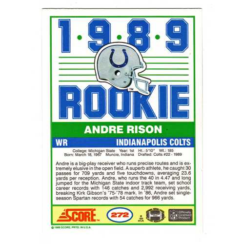 Andre Rison Signed Indianapolis Colts 1989 Score Rookie Card #272 w/Bad Moon, Showtime, Spiderman - Image 2