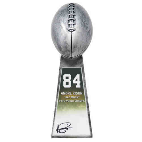 Andre Rison Signed Football World Champion 15 Inch Replica Silver Trophy With #84 Sticker