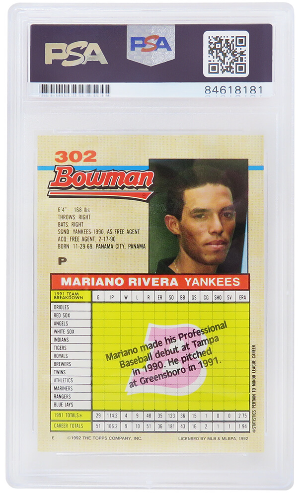 Schwartz Sports Memorabilia RIVCAR100 Mariano Rivera Signed New York Yankees 1992 Bowman Rookie Baseball Card No.302 - PSA Encapsulated - Auto Grade