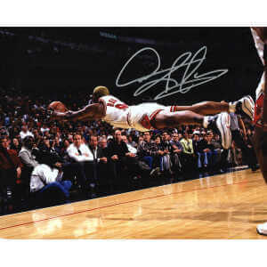 Dennis Rodman Signed Bulls White Jersey Diving 8x10 Photo