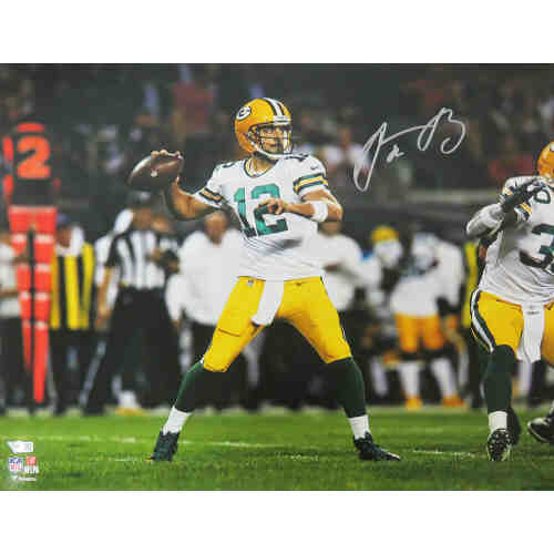 Aaron Rodgers Signed Green Bay Packers White Jersey Passing Action 16x20 Photo - (Fanatics)