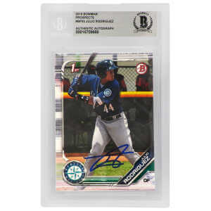 Julio Rodriguez Signed Seattle Mariners 2019 1st Bowman Prospects Rookie Baseball Card #BP33   (Beckett Encapsulated)