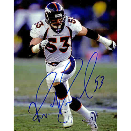 Bill Romanowski Signed Broncos White Jersey Action 8x10 Photo