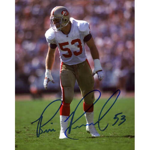 Bill Romanowski Signed 49ers White Jersey Action 8x10 Photo