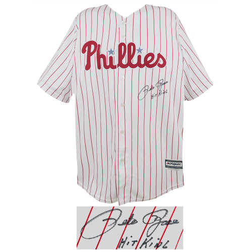 Pete Rose Signed Philadelphia Phillies White Majestic Replica Baseball Jersey w/Hit King