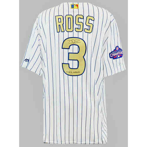 David Ross Signed Chicago Cubs White Pinstripe Gold World Series Champs Majestic Jersey w/16 WS Champs