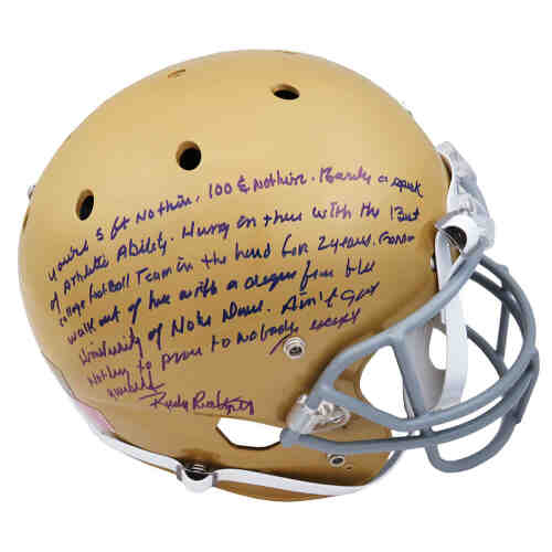 Rudy Ruettiger Signed Notre Dame Schutt Full Size Replica Helmet w/Five Foot Nothing..(Full Quote)