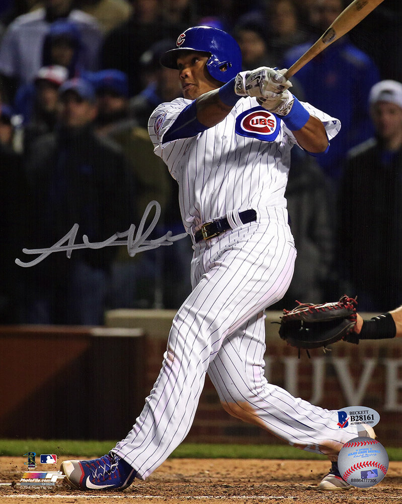 Addison Russell Signed Chicago Cubs White Pinstripe Jersey Swinging Action 8x10 Photo - (Beckett)