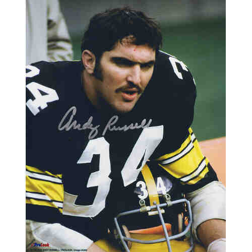 Andy Russell Signed Pittsburgh Steelers Black Jersey Holding Helmet 8x10 Photo