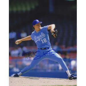 Bret Saberhagen Signed Kansas City Royals Blue Jersey Pitching Action 8x10 Photo