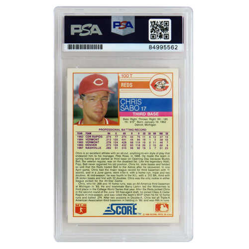 Chris Sabo Signed Cincinnati Reds 1988 Score Rookie Baseball Trading Card #100T - (PSA Encapsulated) - Image 2